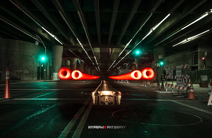 tidsinställd fotografering av röda lampor i garaget, Nissan Skyline, bil, HD tapet