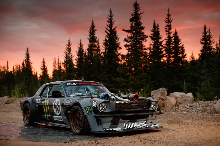 szare coupe, Mustang, Ford, 1965, Ken Block, Hoonicorn, 1400 KM, Larry Chen, Tapety HD