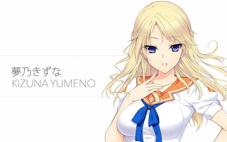 аниме, аниме момичета, Кизуна Юмено, Култура Япония, руса, дълга коса, училищна униформа, сини очи, HD тапет