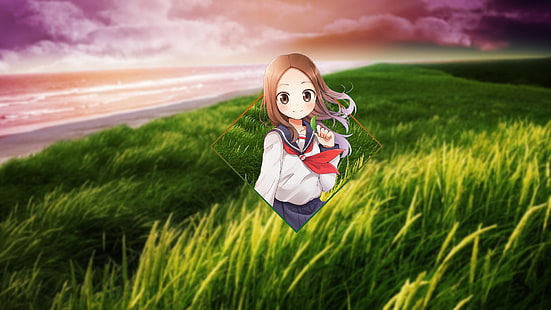 такаги-сан, каракай дзёдзу но такаги-сан, поле, трава, школьная форма, аниме, HD обои HD wallpaper