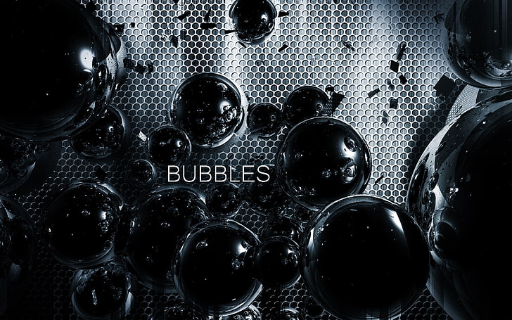 bolle nere con sovrapposizione di testo, bolle, griglia, metallo, sfera, compendio, arte digitale, render, buio, Sfondo HD