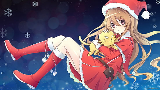 Toradora !, Aisaka Taiga, stövlar, loli, jul, blond, anime, Santa hattar, Santa kostym, öppen mun, HD tapet HD wallpaper