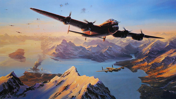 خلفية طائرة حمراء وسوداء ، جبال ، دخان ، شخصية ، سفينة ، فن ، سفينة حربية ، الحرب العالمية الثانية ، 1944 ، الجانب ، غرق TIRPITZ ، لانكستر، خلفية HD