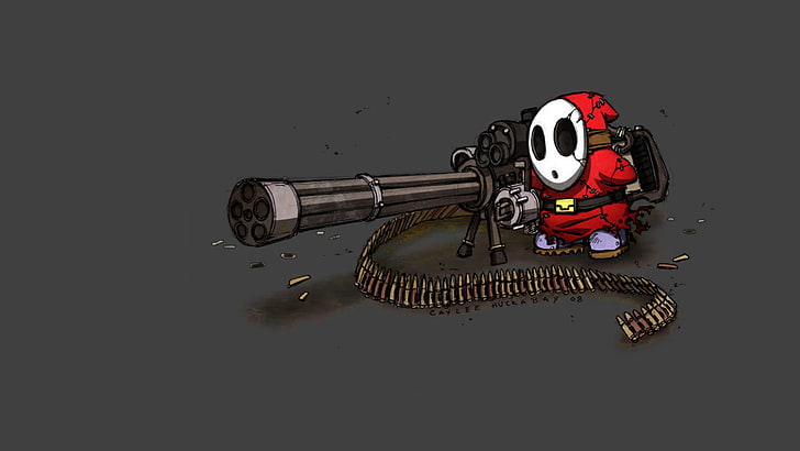 Shy Guy, ammunition, minigun, gun, Super Mario, artwork, simple background, HD wallpaper