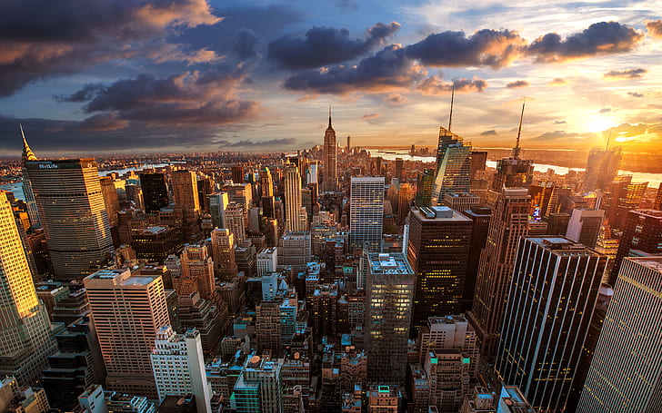 La ciudad, amanecer, Nueva York, rascacielos, Estados Unidos, megapolis, Nueva York, Ciudad de Nueva York, Rockefeller Center, panorama, Fondo de pantalla HD