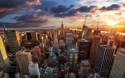 die Stadt, Morgendämmerung, New York, Wolkenkratzer, USA, Megapolis, NYC, New York City, Rockefeller Center, Panorama, HD-Hintergrundbild HD wallpaper