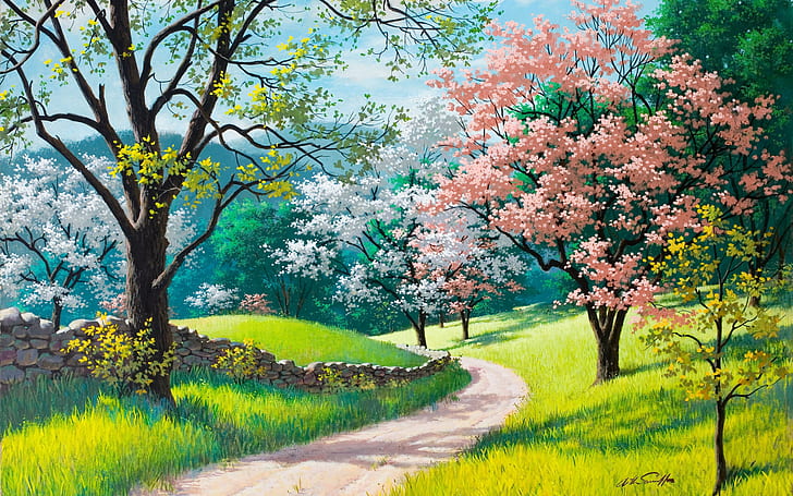 Arthur, kwiaty, płot, trawa, malarstwo, ścieżka, sarnoff, saron, wiosna, szlak, drzewa, Tapety HD