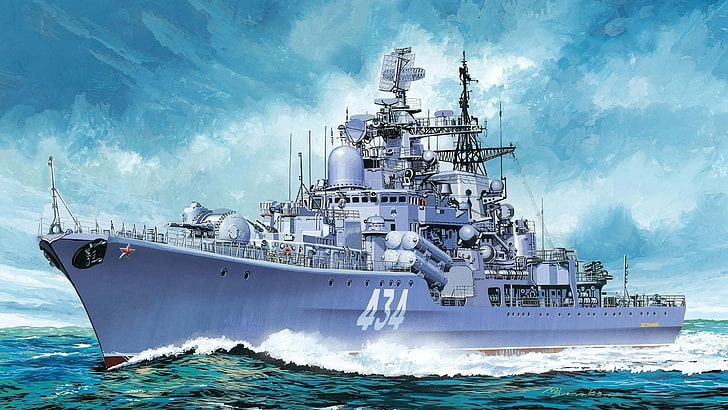 purple battleship painting, army, artwork, Sovremennyy-class destroyer, Admiral Ushakov (434), Russian Navy, HD wallpaper