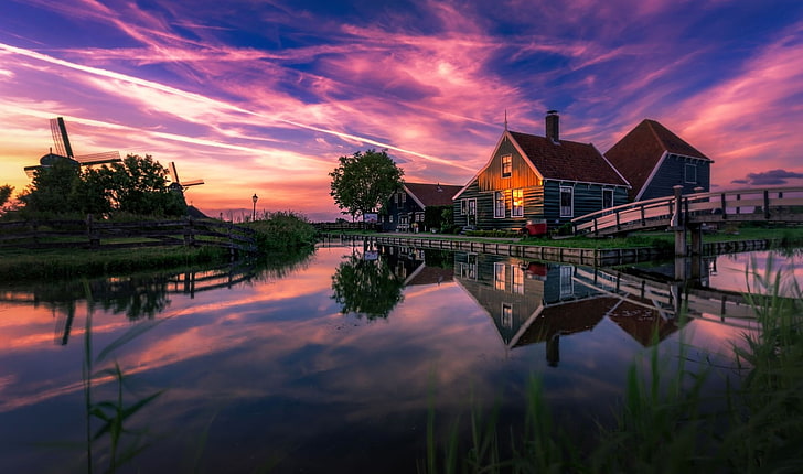 nature, landscape, photography, summer, sunset, house, bridge, canal, windmill, reflection, Netherlands, HD wallpaper