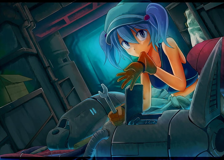 Anime, Anime Girls, Aqua, Roboter, Maschine, blaue Augen, Touhou, Kawashiro Nitori, Handschuhe, blaue Haare, HD-Hintergrundbild