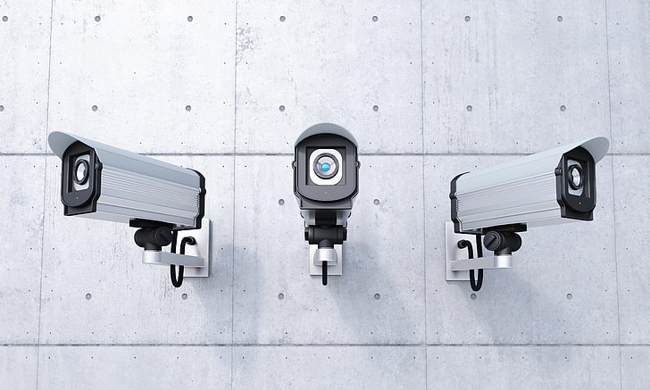 four white security cameras, wall, control, security, security cameras, HD wallpaper