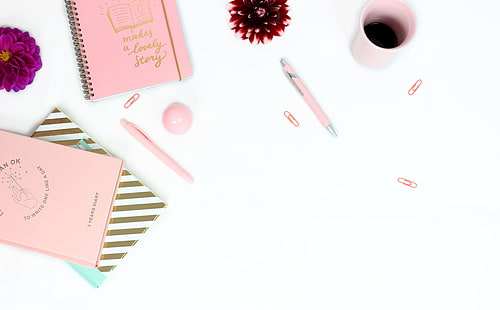 Teenage Girl Desk, Cute, Diary, Notes, Pink, Flowers, Desk, Gold, Golden, Striped, Dahlia, girly, feminine, write, workplace, cupofcoffee, whitebackground, notebooks, pens, pinkcup, pinkdiary, golddiary, paperclip, flatlay, pocketbook, HD wallpaper HD wallpaper