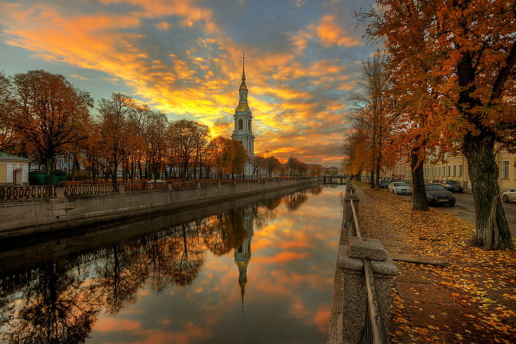 San Petersburgo, otoño, la hora dorada, San Petersburgo, nubes, reflejo, otoño, Fondo de pantalla HD