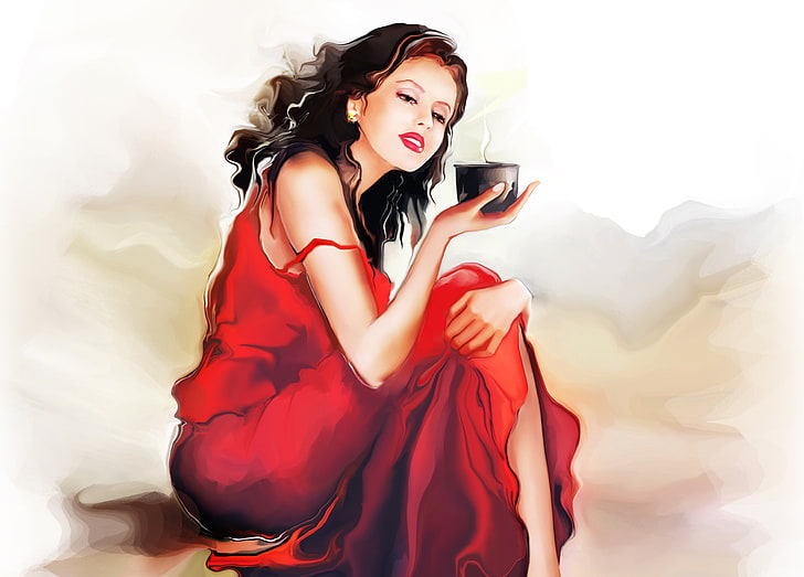 Mujer sosteniendo la taza negra de pintura, niña, café, taza, sentado, vestido rojo, Tatiana Nikitina, Fondo de pantalla HD