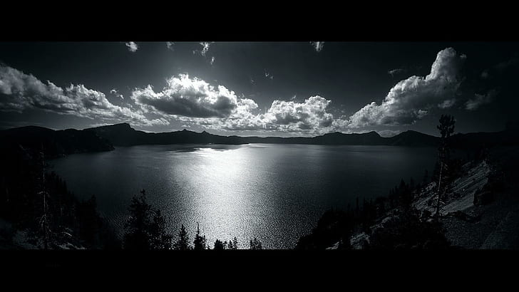 Danau gunung yang diterangi cahaya bulan, awan putih, alam, 1920x1080, awan, gunung, malam, danau, bulan, Wallpaper HD