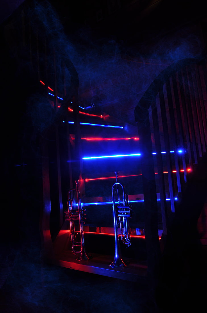 gray trombone, trumpet, music, stairway, neon, backlight, smoke, HD wallpaper