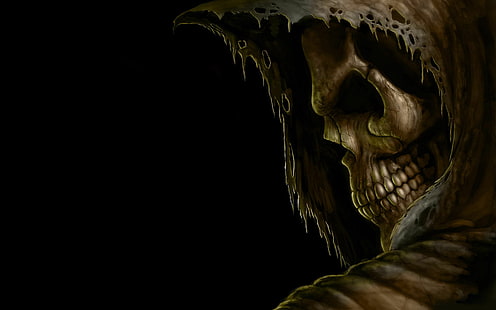 black, creepy, dark, death, evil, eyes, grim, halloween, hood, reaper, scary, skull, spooky, teeth, HD wallpaper HD wallpaper
