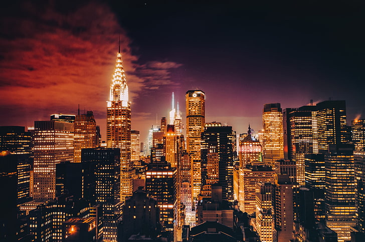 градски сгради тапет, светлини, САЩ, небостъргачи, Здрач, Манхатън, Крайслер Билдинг, Ню Йорк, градски пейзаж, HD тапет