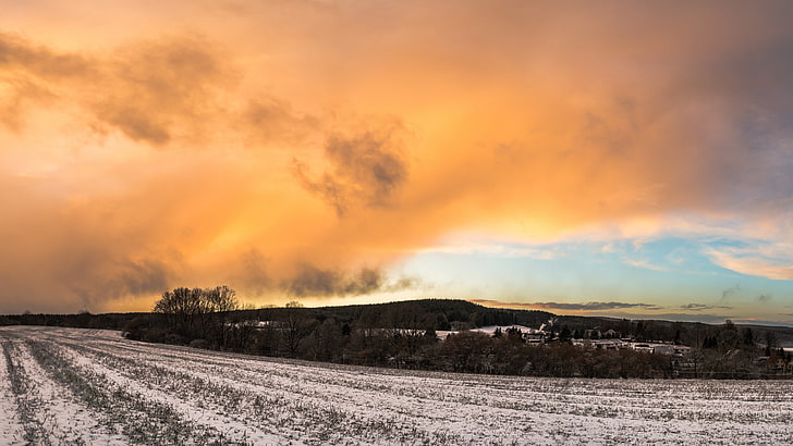 небо, облако, снег, закат, оранжевое небо, оранжевые облака, 8k Uhd, зима, 8k, пейзаж, экорегион, холм, HD обои