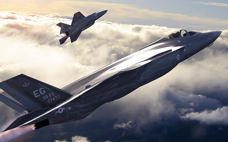 Lockheed Martin F-35 Lightning II ، طائرة عسكرية ، طائرة ، مقاتلة نفاثة ، عمل فني ، سلاح الجو الأمريكي، خلفية HD
