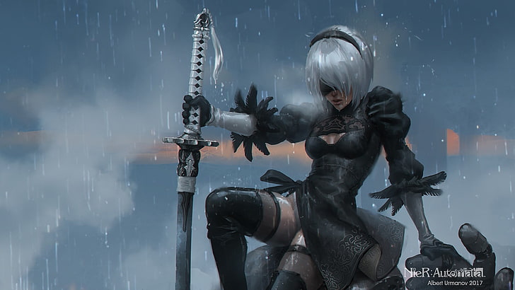 personaje de anime femenino de cabello gris con fondo de pantalla digital de espada, Nier: Automata, espada, 2B (Nier: Automata), NieR, Fondo de pantalla HD