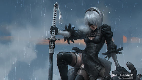 personaje de anime femenino de cabello gris con fondo de pantalla digital de espada, Nier: Automata, espada, 2B (Nier: Automata), NieR, Fondo de pantalla HD HD wallpaper