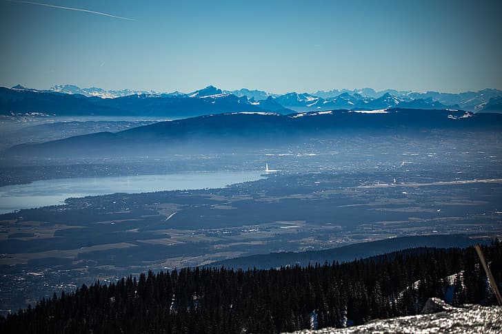 การถ่ายภาพ กลางแจ้ง ธรรมชาติ ภูเขา ต้นไม้ ป่า French Alps หิมะ หุบเขา ทะเลสาบ เจนีวา เมือง สนาม, วอลล์เปเปอร์ HD