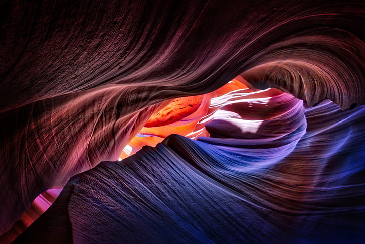 red, blue, and orange abstract illustration, Falling, Slot, Canyons, red, blue, orange, abstract, illustration, com, United States, utah, blur, America, sony  nex-7, travel  photography, Red  blue, Purple, Sand, arizona, sandstone, canyon, backgrounds, antelope Canyon, cave, red, pattern, multi Colored, HD wallpaper