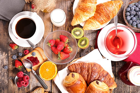 Jedzenie, śniadanie, kawa, rogaliki, filiżanki, owoce, wiedeńskie, Tapety HD HD wallpaper