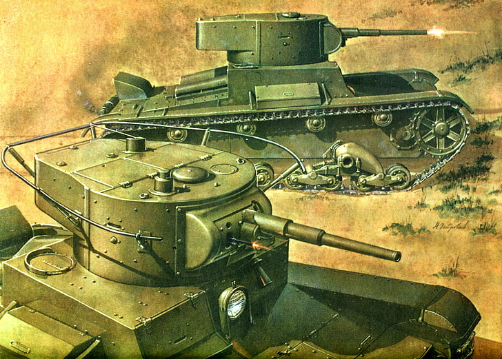 figure, art, tank, Soviet, T-26, WWII, light, HD wallpaper