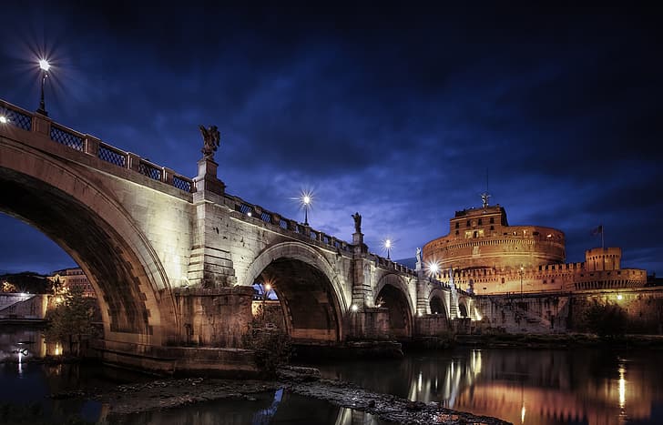 nuit, nuages, pont, la ville, rivière, pierres, éclairage, Rome, lumières, Italie, le mausolée, Le Tibre, Ponte Sant'angelo, Castel Sant'angelo, Fond d'écran HD