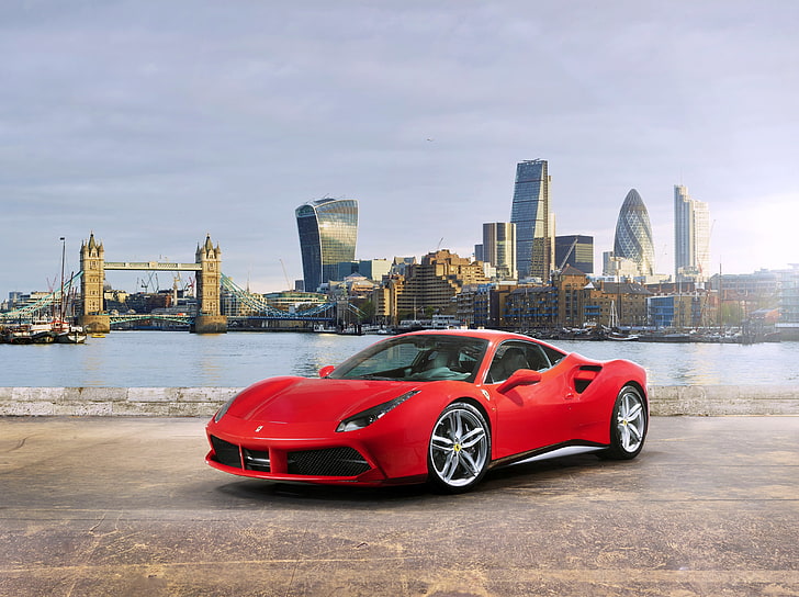 red coupe, ferrari, 488 gtb, red, side view, HD wallpaper