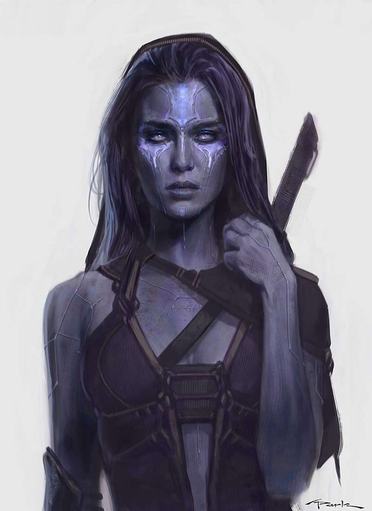 Gamora, Guardiani della Galassia, concept art, pelle viola, Sfondo HD, sfondo telefono