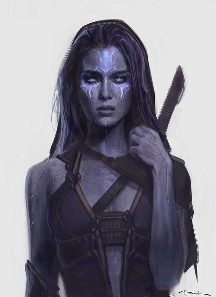 Guardiani della Galassia, Gamora, pelle viola, concept art, Sfondo HD, sfondo telefono