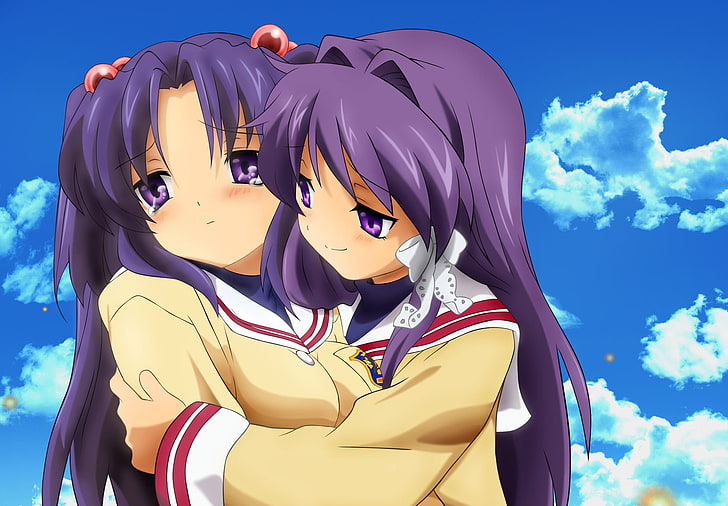 two female animated characters wearing uniform illustration, clannad, girl, hugging, sky, smile, HD wallpaper