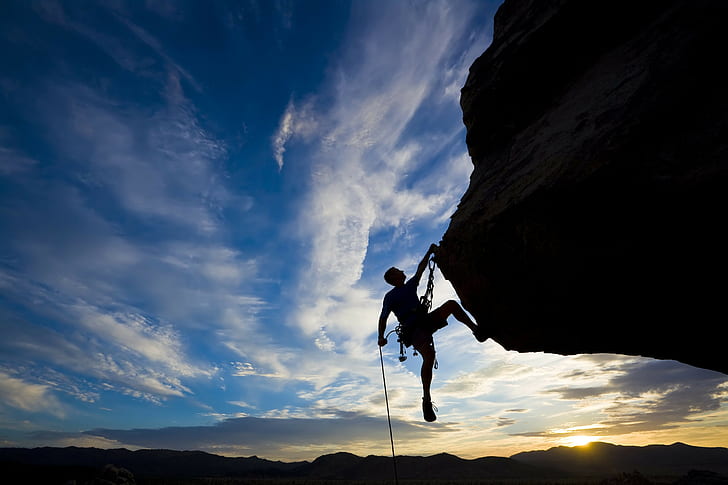 alpinista, escalada, dificuldades, extremo, rocha, silhueta, esportes, pôr do sol, HD papel de parede