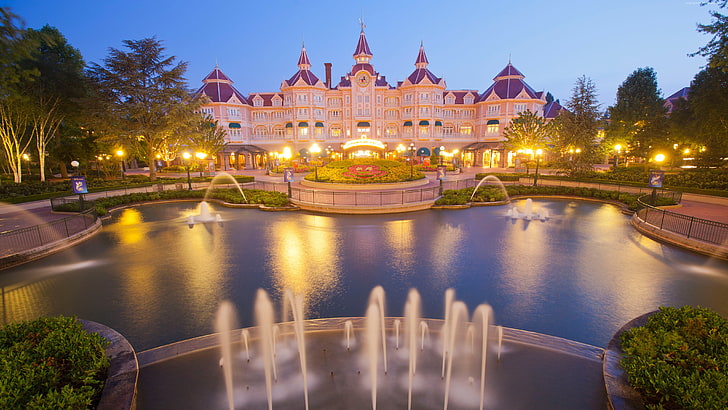 4k, Europa, Disneyland Hotel, Francia, Parigi, fontana, Sfondo HD