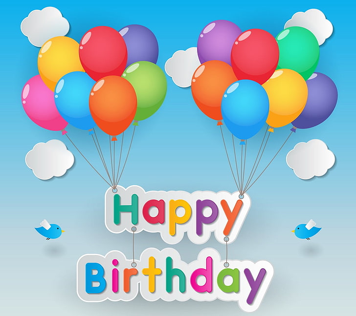 балони с илюстрация с честит рожден ден, щастлив, текст, рожден ден, балон, минимализъм, HD тапет