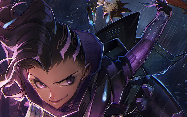 purple-haired female character digital wallpaper, Overwatch, video games, Sombra (Overwatch), artwork, digital art, HD wallpaper