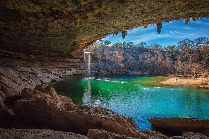 Gewässer in der Nähe von Baum, Natur, Landschaft, Höhle, Wasserfall, See, HD-Hintergrundbild