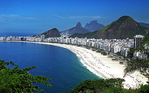 Бразилия, Рио де Жанейро, крайбрежие, високи сгради, изглед отгоре, изглед, син, небе, планини, крайбрежие, къщи, Море, плаж, Рио де Жанейро, Бразилия, HD тапет HD wallpaper