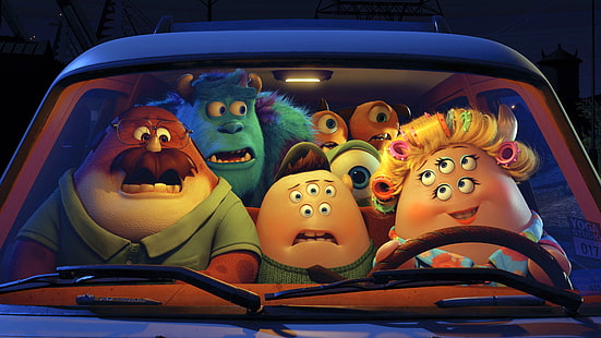 blå, grön, leende, enögd, Monsters University, Monsters Inc., Monsters, Mike wazowski, Disney Pixar, Mike and Sally, pyatiletie, Monster Sally, HD tapet HD wallpaper