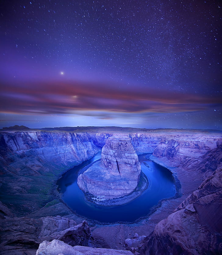 Grand Canyon during nighttime, Starry, Grand Canyon, nighttime, Horseshoe Bend  Arizona, Page, Colorado River, River  Lee, Lee's Ferry, Glen Canyon, Clouds, Sunset, Moon, Jupiter, Stars, Cliff, Meander, Water, Curve, Night, Blue  Sky, nature, landscape, scenics, HD wallpaper