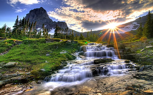 Beautiful Nature View, waterfalls and mountains, HD wallpaper HD wallpaper
