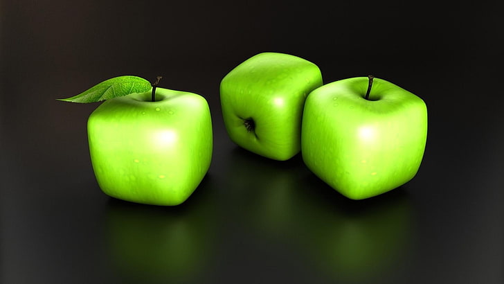 drei grüne Äpfel auf grauem Hintergrund, digitale Kunst, Minimalismus, einfacher Hintergrund, Würfel, Grün, Äpfel, Frucht, 3D, Reflexion, HD-Hintergrundbild