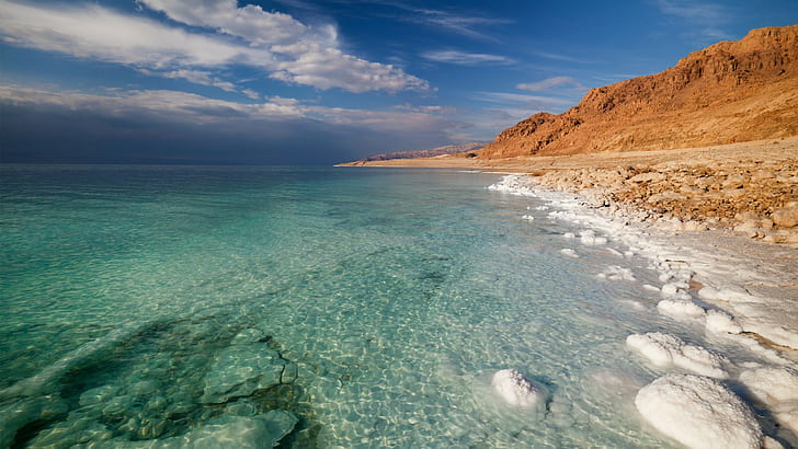 salt lakes, landscape, stones, mountains, Dead Sea, nature, Israel, clouds, sea, desert, HD wallpaper
