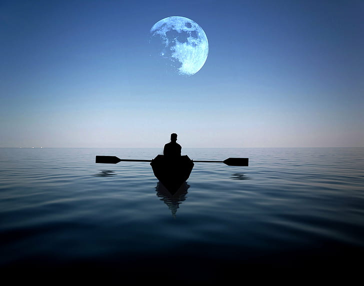 man riding on a boat alone in the sea with moon hovering above at night, time, Moon  man, boat, sea, at night, night  Day, moon  lake, lake  Beautiful, Blue  boat, boating, row boat, outdoor, depth of field, John Howard, zoom lens, nikon D5300, lake, nature, oar, outdoors, water, people, HD wallpaper