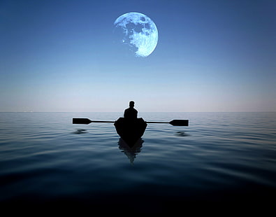 man riding on a boat alone in the sea with moon hovering above at night, time, Moon  man, boat, sea, at night, night  Day, moon  lake, lake  Beautiful, Blue  boat, boating, row boat, outdoor, depth of field, John Howard, zoom lens, nikon D5300, lake, nature, oar, outdoors, water, people, HD wallpaper HD wallpaper