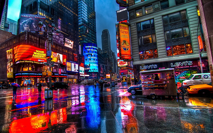 cities, city, lights, neon, night, rain, square, times, usa, york, HD wallpaper