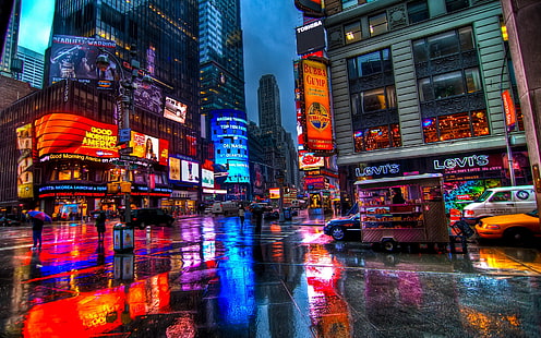 градове, град, светлини, неон, нощ, дъжд, квадрат, времена, САЩ, Йорк, HD тапет HD wallpaper
